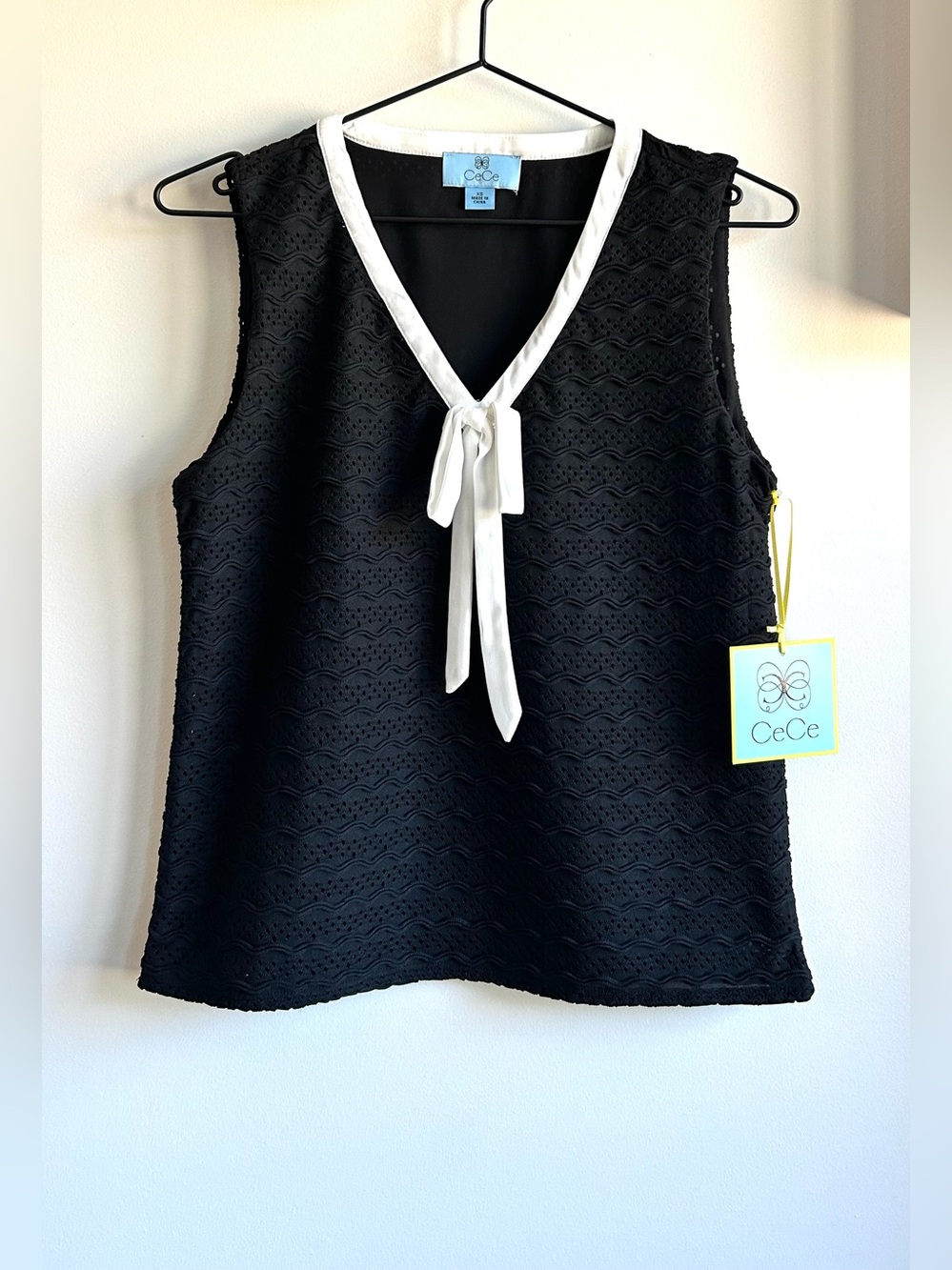CeCe Black Eyelet Sleeveless V-Neck Top with White Tie Fully Lined